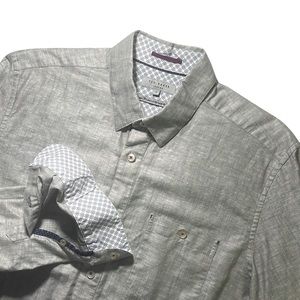 Ted Baker mens 4 L Large gray solid linen cotton blend flip cuff shirt EUC